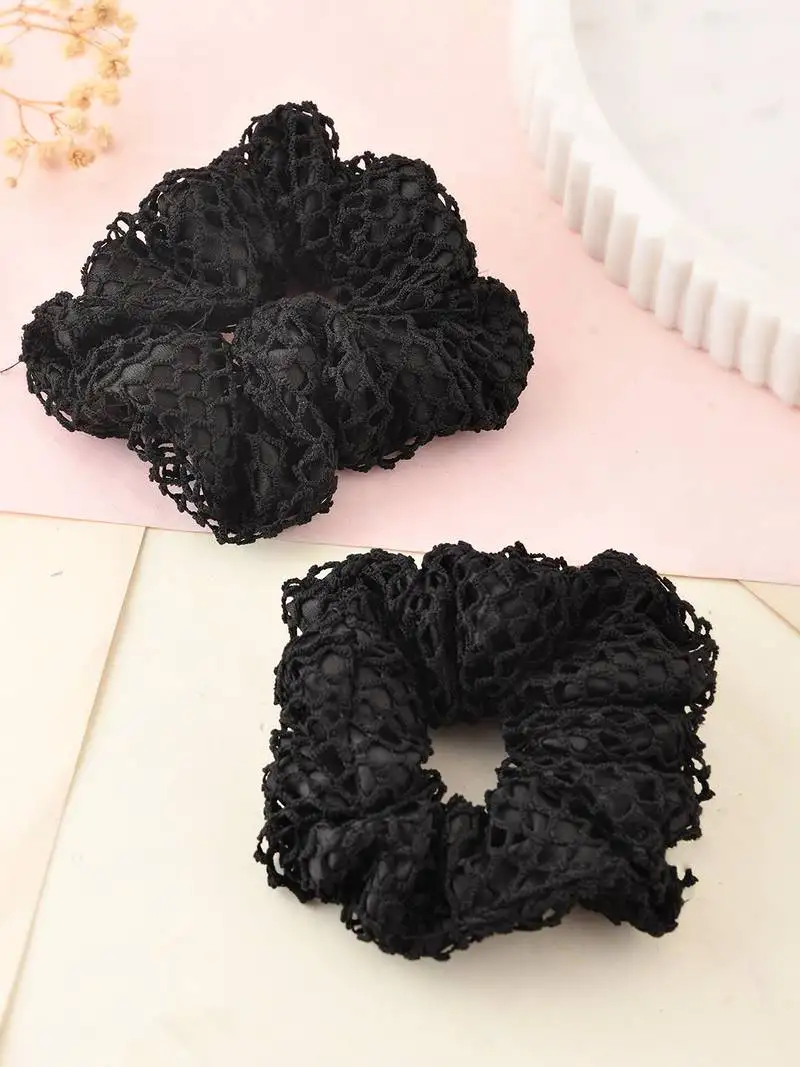 2 black satin crochet scrunchies