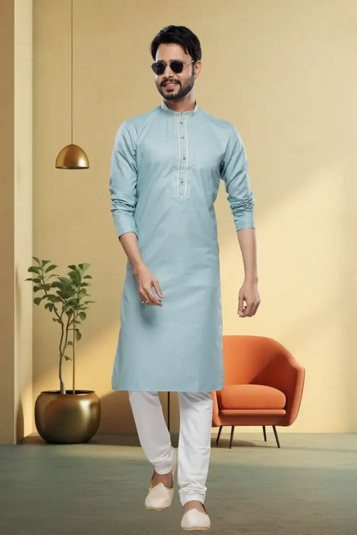 Blue plain cotton men kurtas