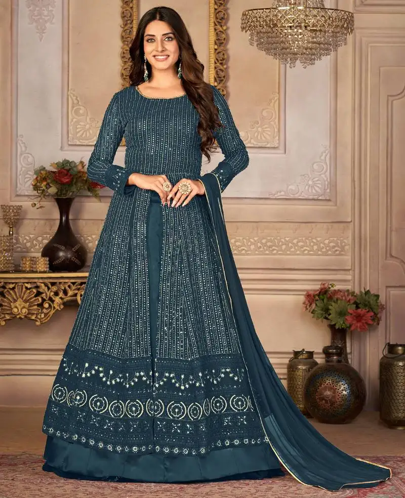 Agreeable teal blue faux georgette semi-stitched festive salwar suits semi stitched