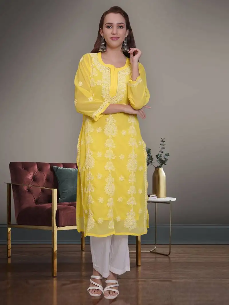 Yellow georgette lucknowi chikankari kurta with slip
