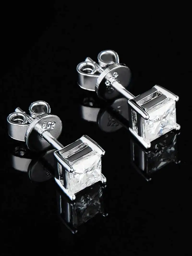 Cauer 925 sterling silver rhodium plated princess cut diamond stud earrings