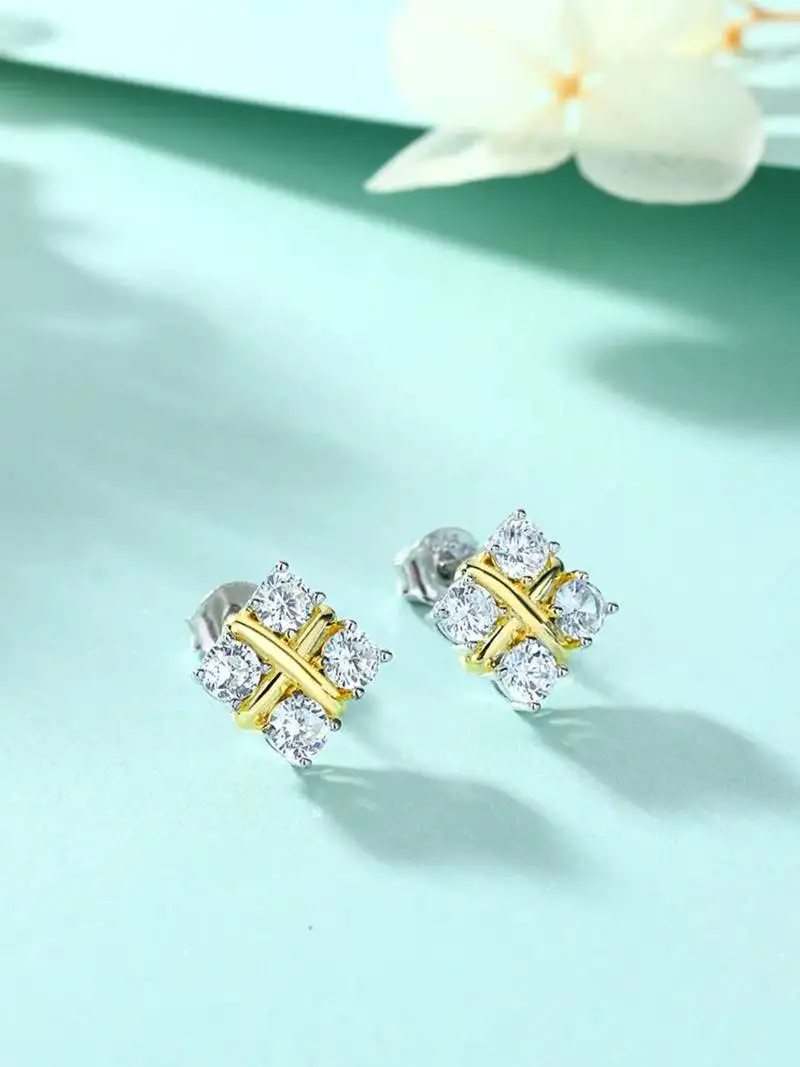 Cauer 925 sterling silver gold plated round cz studded stud earrings