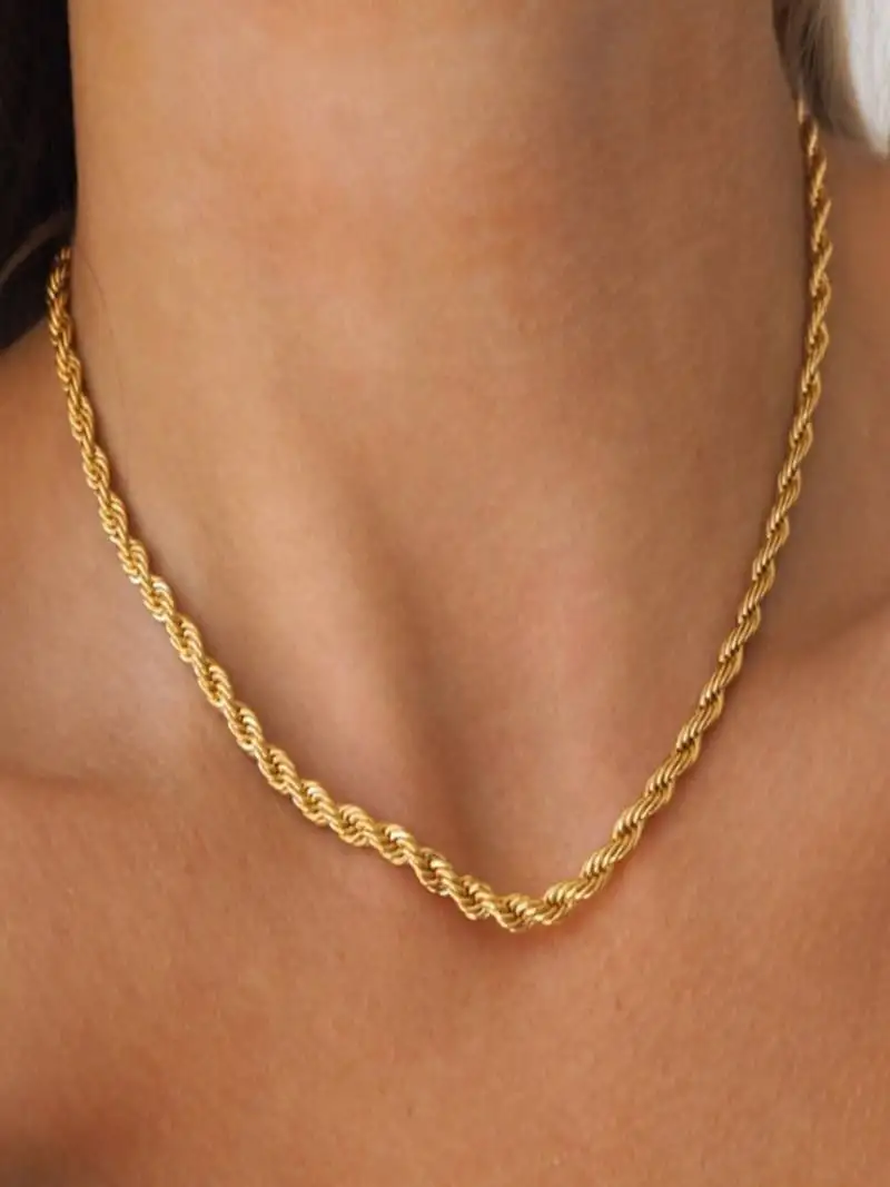 18k gold plated waterproof 3 mm rope chain necklace, adjustable and anti-tarnish