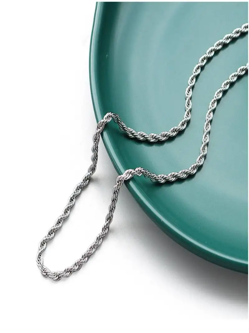 Rhodium plated waterproof 3mm rope chain necklace, adjustable and anti-tarnish