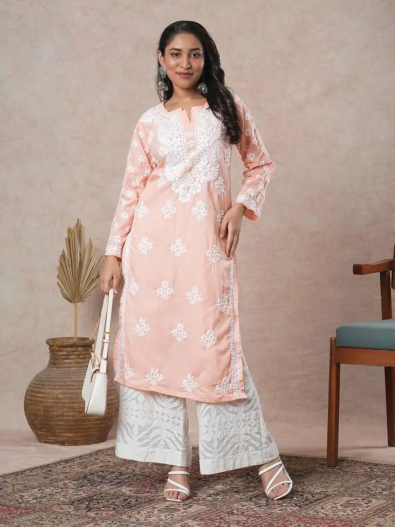 Hand embroidered peach cotton lucknowi chikankari indian women straight kurta