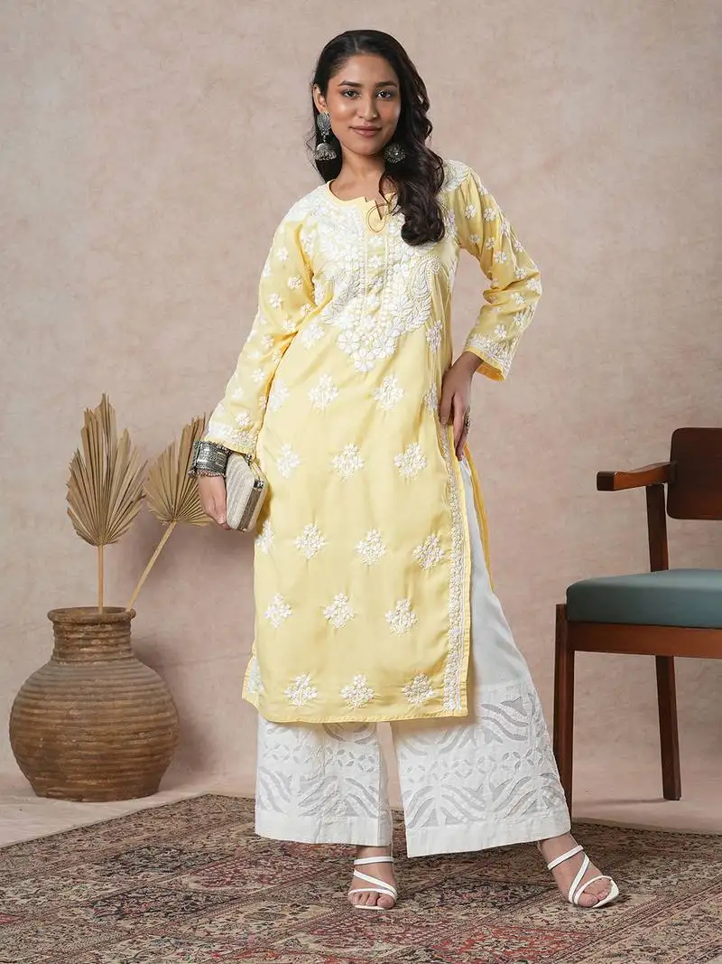Hand embroidered yellow cotton lucknowi chikankari indian women straight kurta
