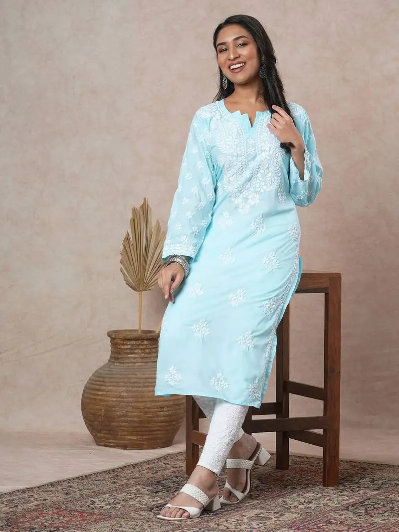 Hand embroidered blue cotton lucknowi chikankari indian women straight kurta