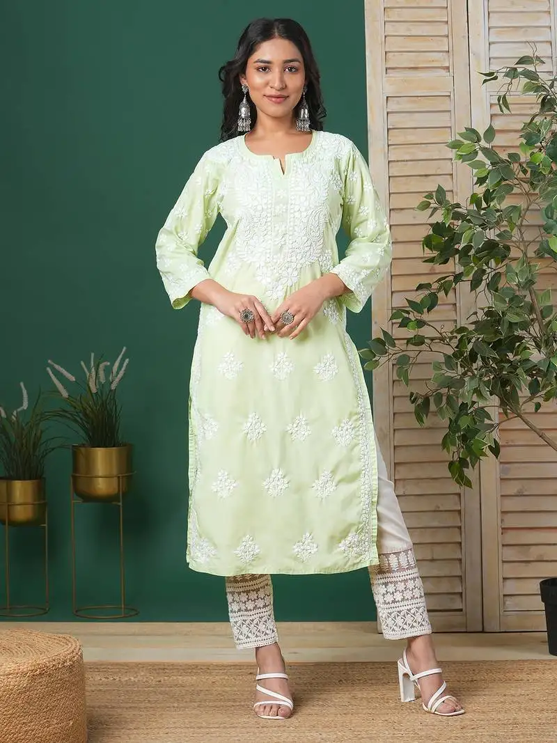 Hand embroidered light green cotton lucknowi chikankari indian women straight kurta