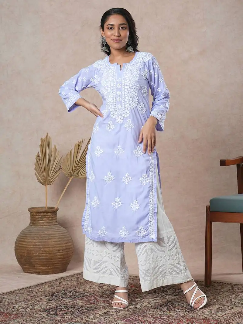 Hand embroidered mauve cotton lucknowi chikankari indian women straight kurta