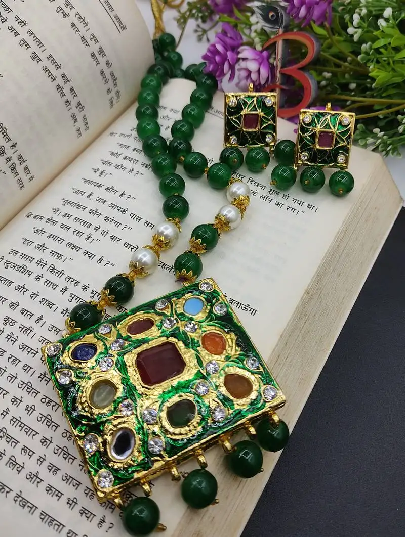 Green meenakari navartan necklace set