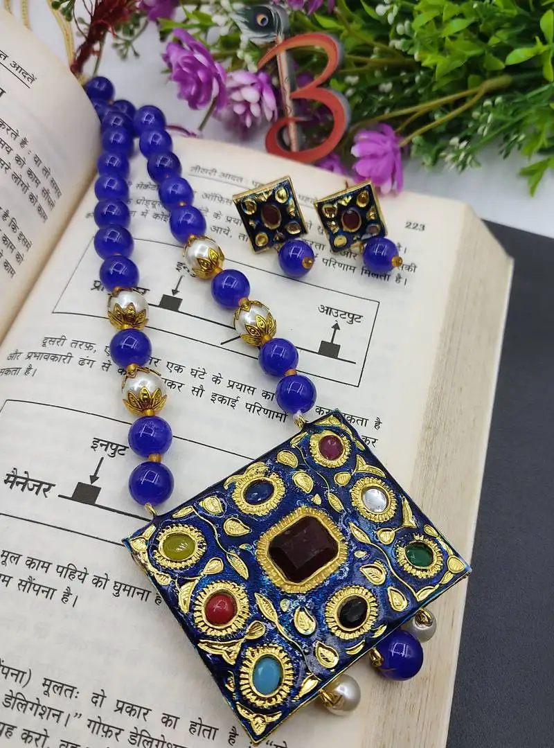 Blue meenakari navartan necklace set