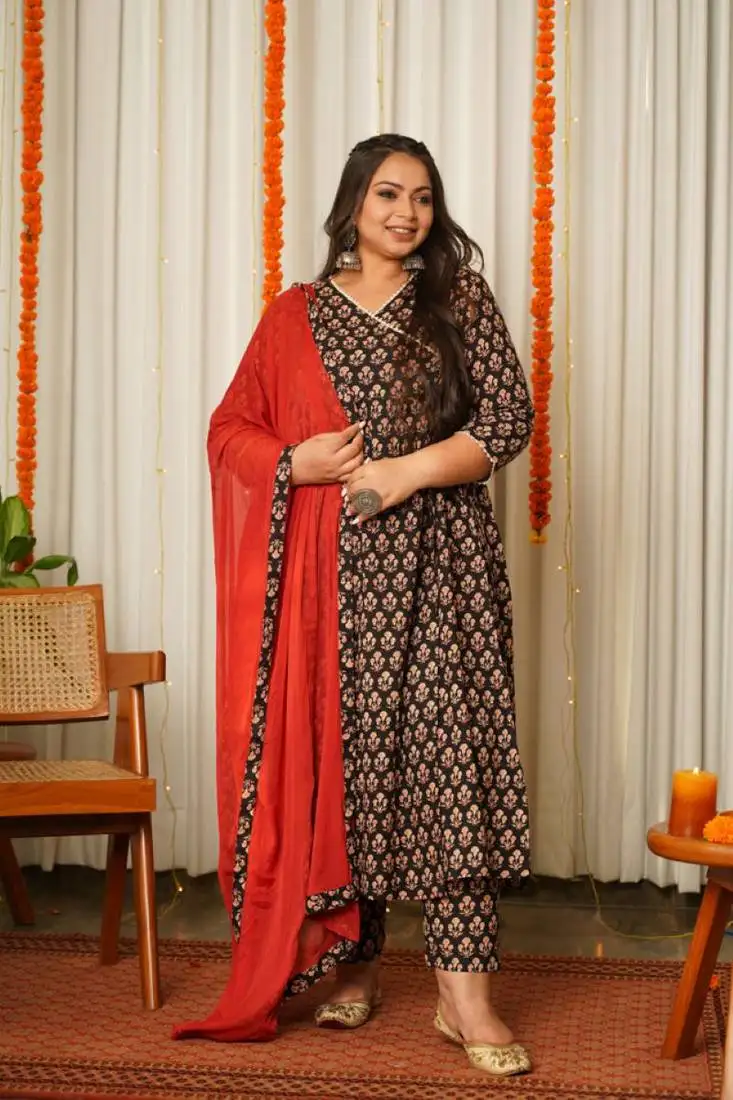 Black block print cotton angrakha suit set