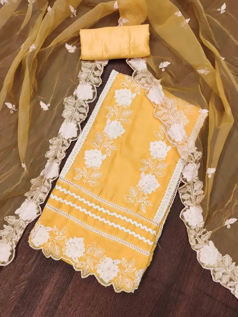Yellow organza embroidered unstitched dress material