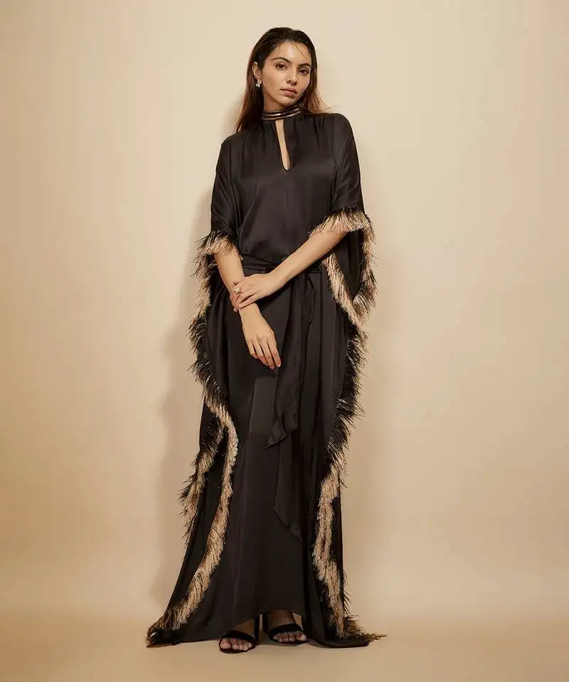 Black embroidered tie-up kaftan