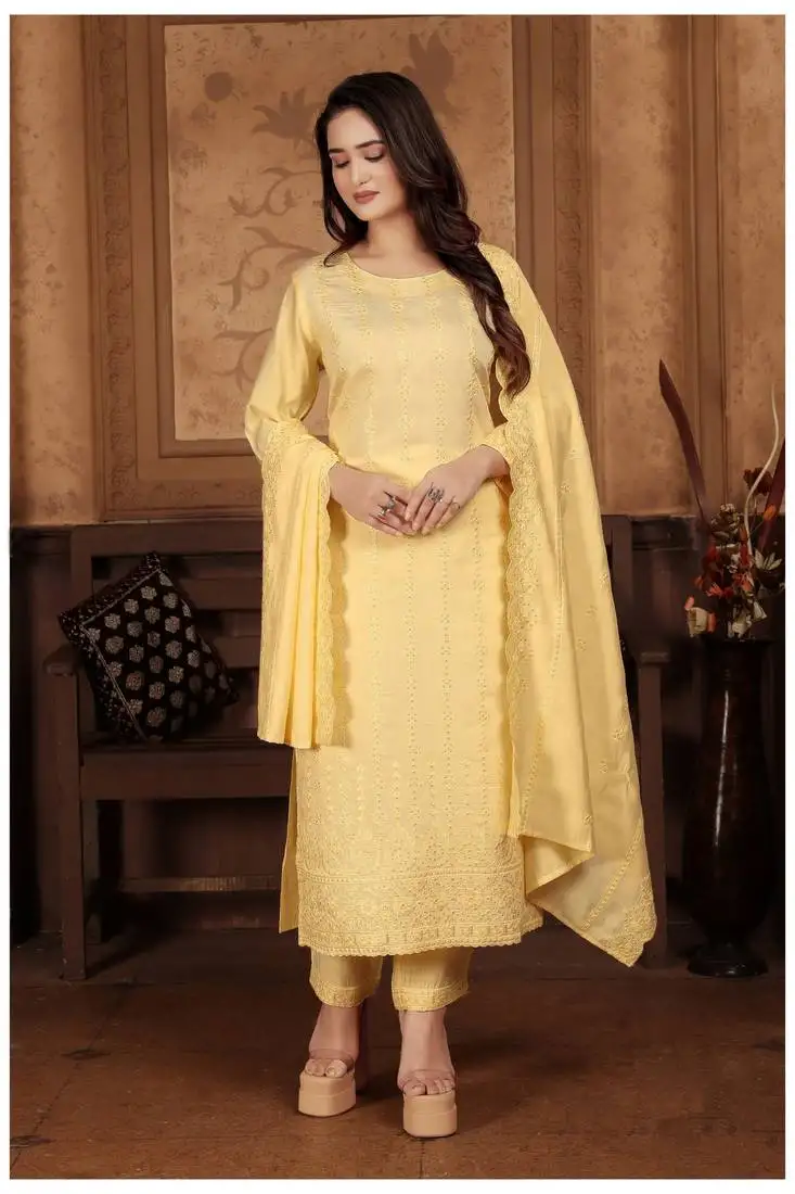 Yellow peri chanderi fabric thread and sequance embroidery work readymade salwar kameez stitched