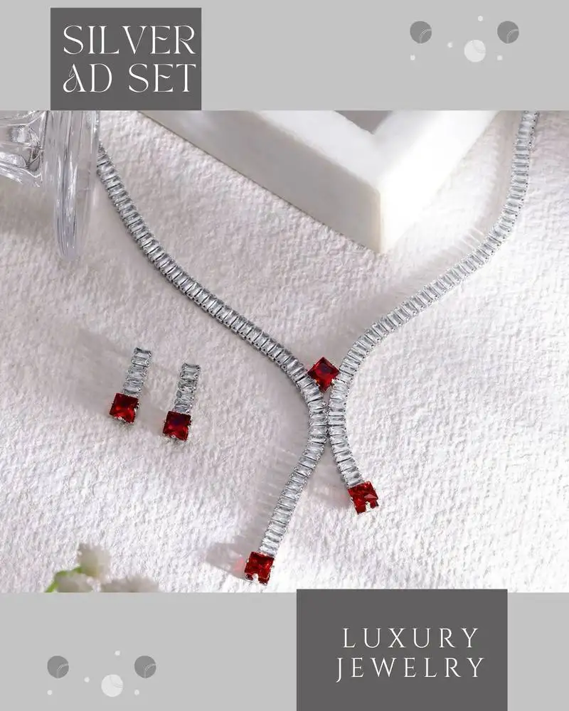 Rhodium plated red color crystal ad gemstone-studded jewelry set