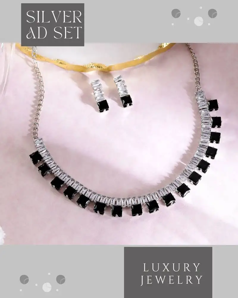 Rhodium plated black color crystal ad gemstone-studded jewelry set