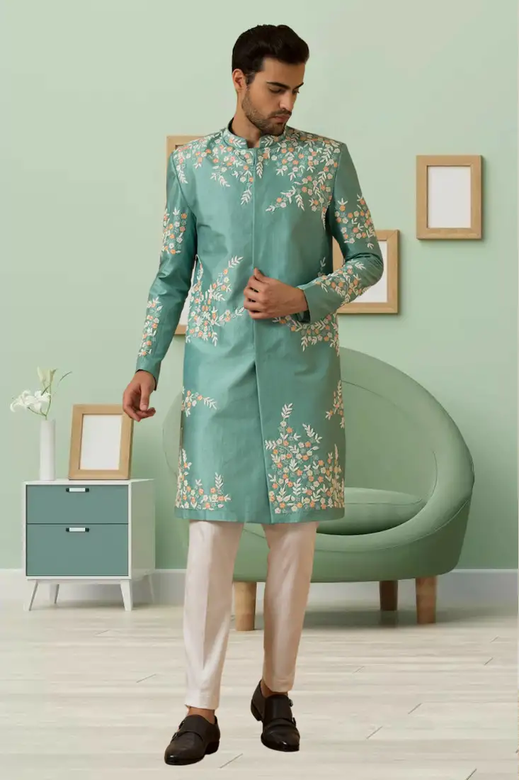 Beige plain velvet nehru jacket