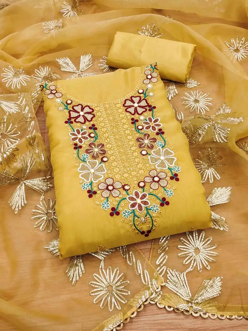 Yellow soft organza embroidered unstitched dress material