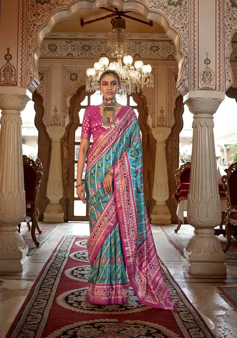 Aqua blue patola print festival contemporary saree