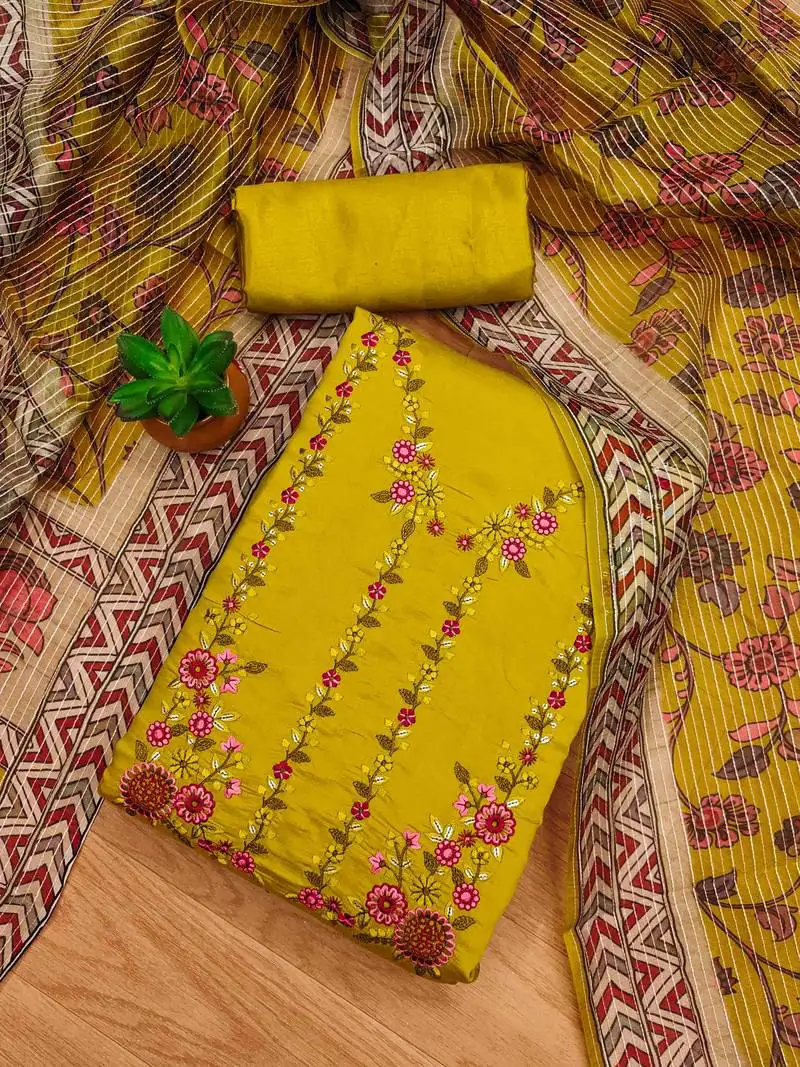 Yellow roman silk blend chanderi unstitched dress material