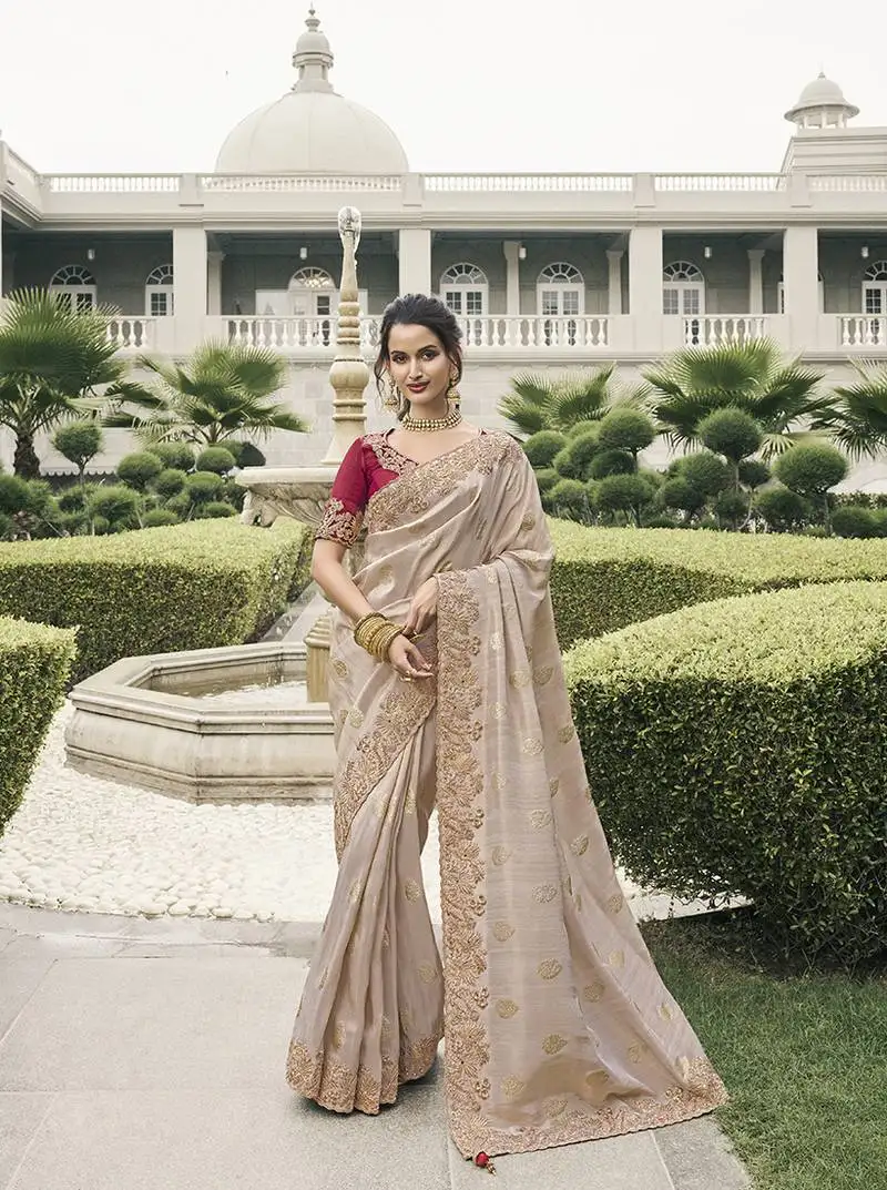 Beige tissue embroidered stone work designer saree