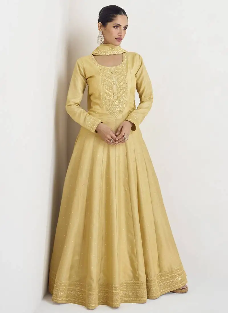 Yellow premium silk embroidered anarkali suit stitched