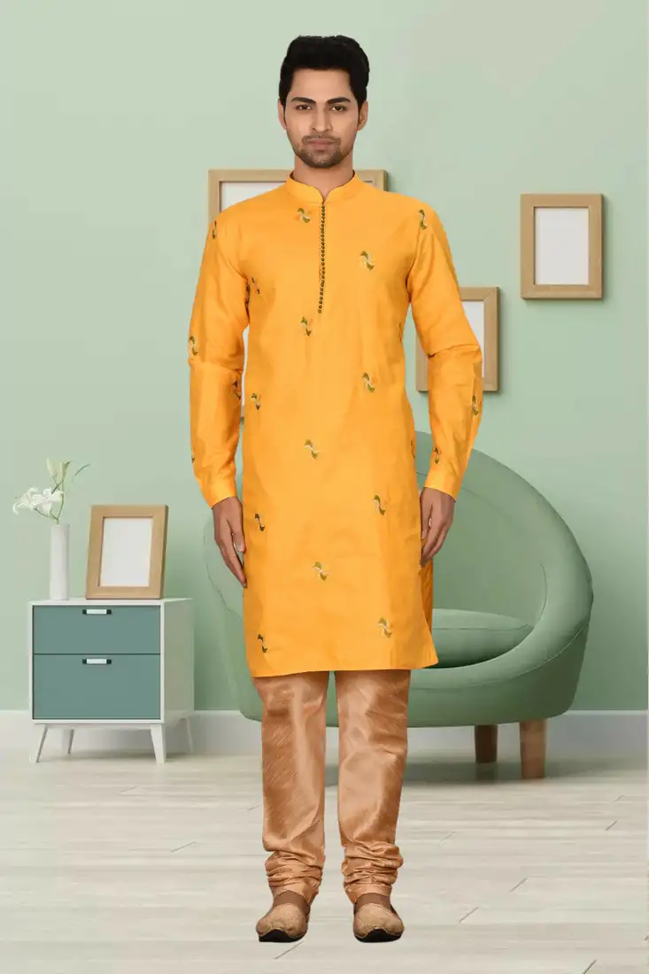 Yellow art silk embroidery kurta pyjama for men's