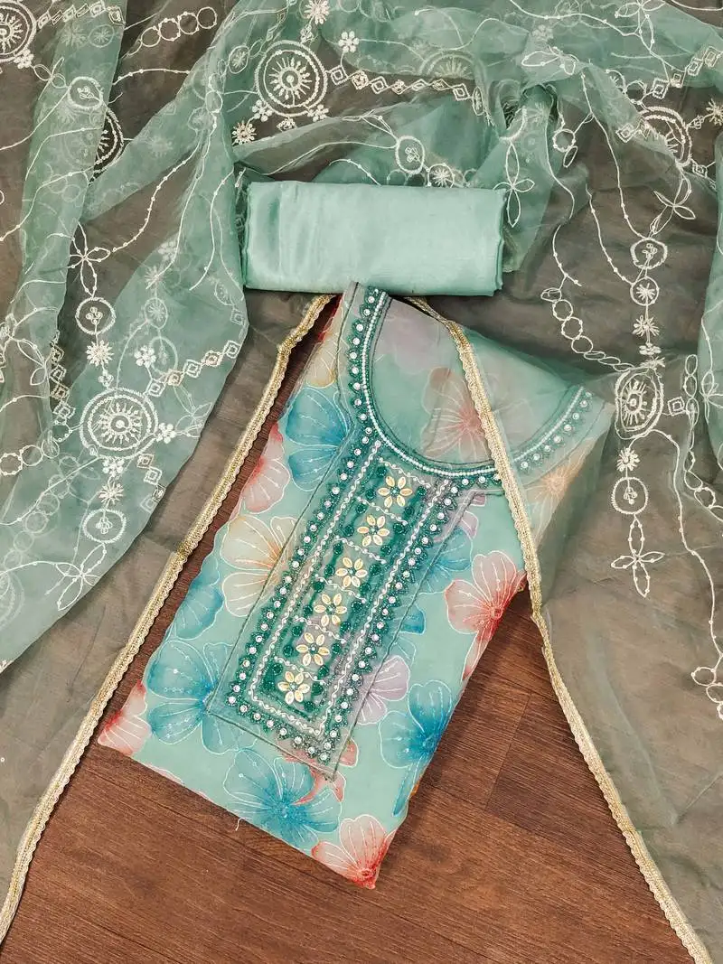 Turquoise viscose organza embellished unstitched dress material