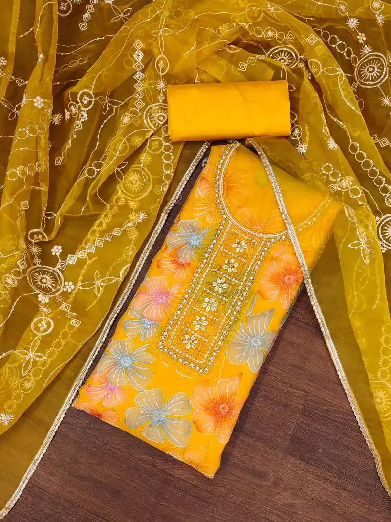 Yellow viscose organza embellished unstitched dress material