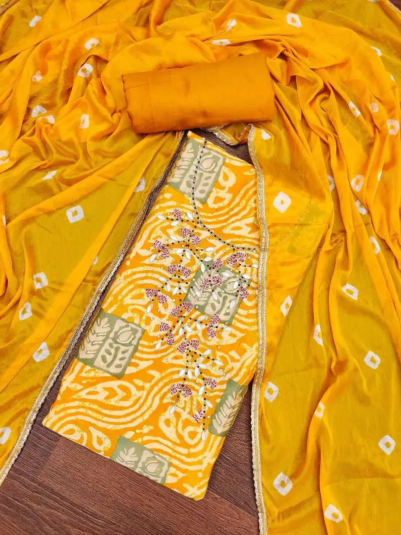 Yellow roman cotton silk blend hand work unstitched dress material