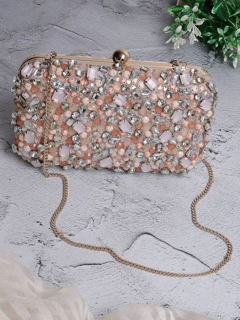 Adorn peach & multi embellished satin clutch