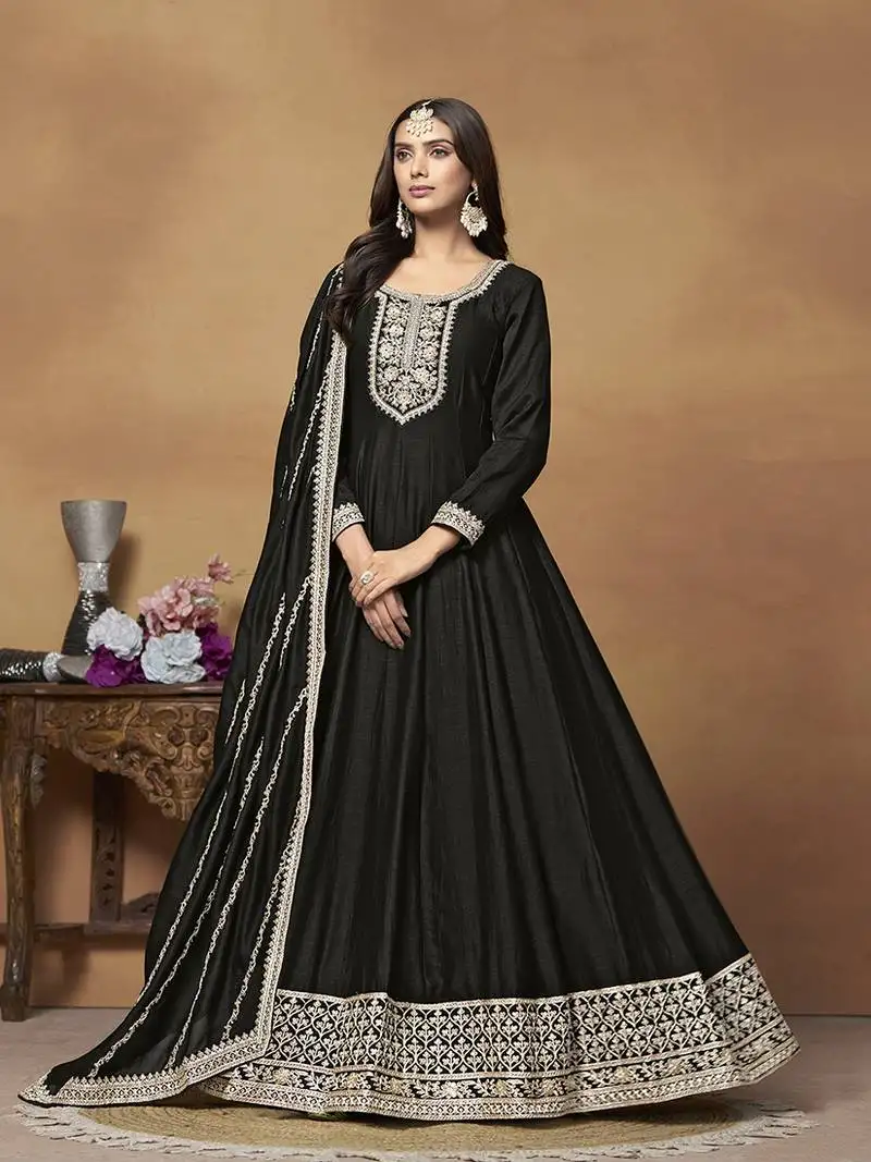 Art silk black embroidered designer salwar kameez semi stitched