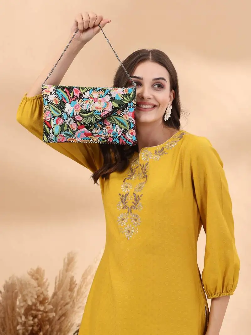 Boho black & multi floral embellished satin sling bag