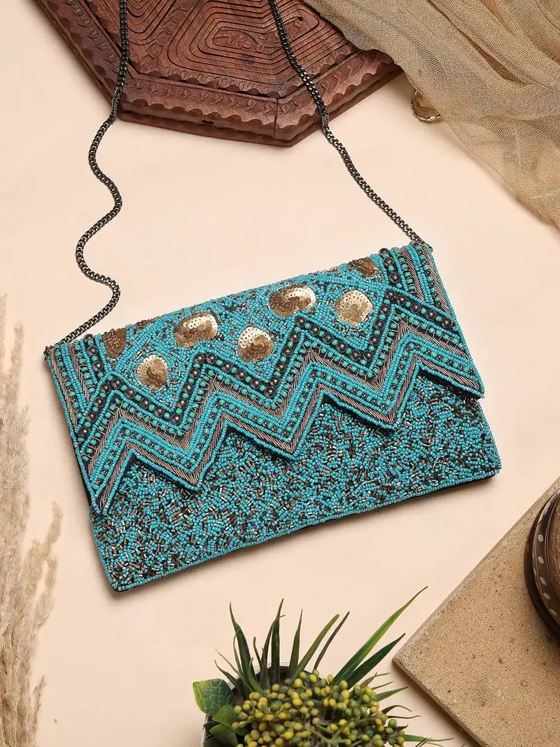 Tribal turquoise blue & copper chevron embellished cotton canvas sling bag