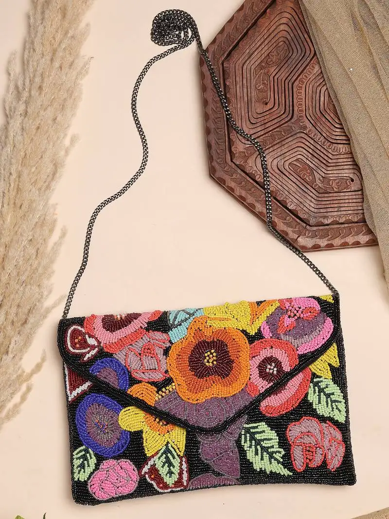 Boho black & multi floral bead work cotton canvas sling bag