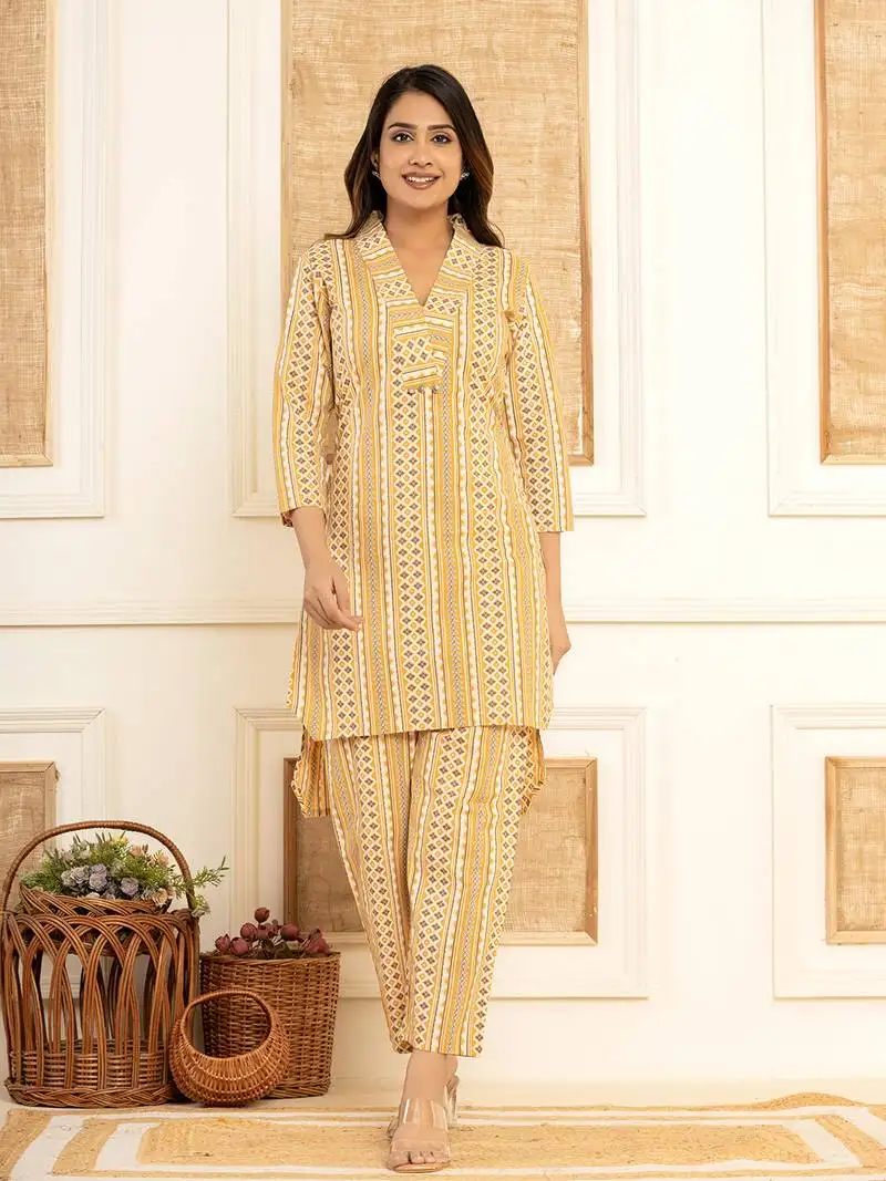 mustard cotton ethnic motifs striped print co-ord set