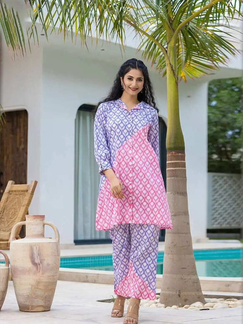 purple and pink top and trouser colour blocking co ord set