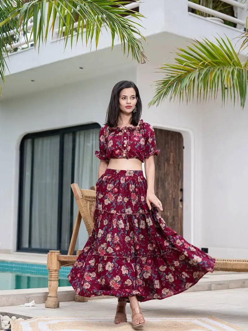 cotton maroon skirt co-ord set