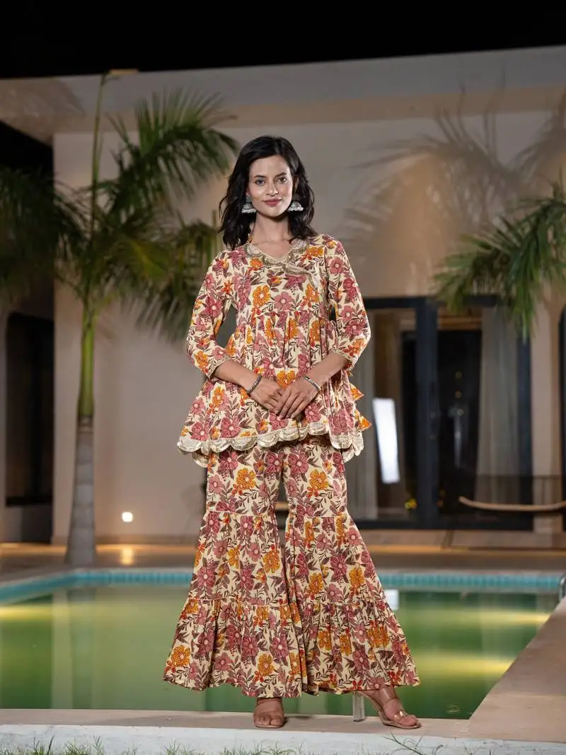 beige cotton peplum sharara co-ord set