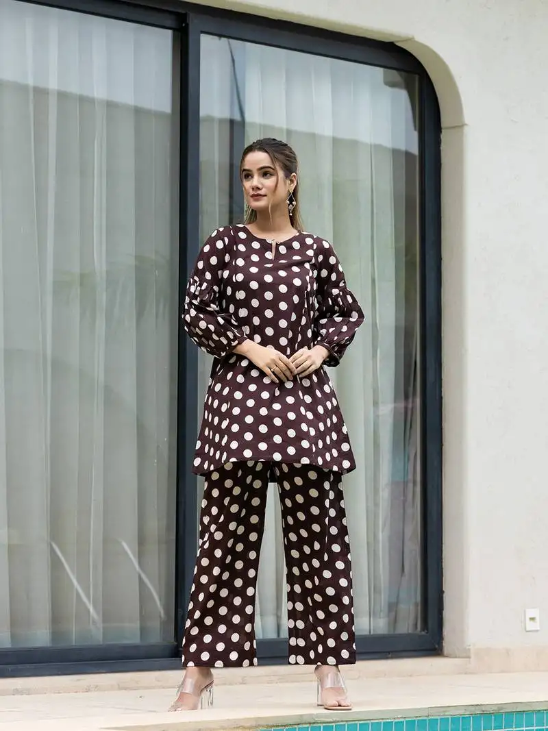 brown polka dot print top and trouser co ord set