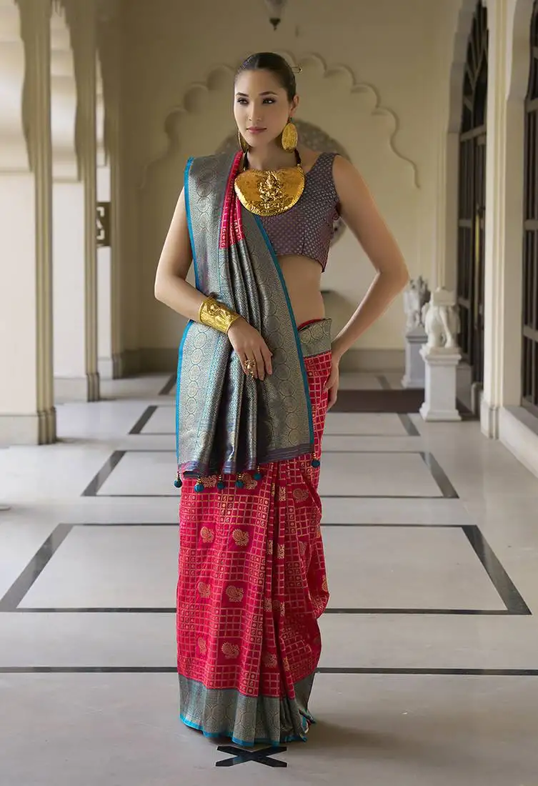 Banarasi silk blend weaving magenta saree