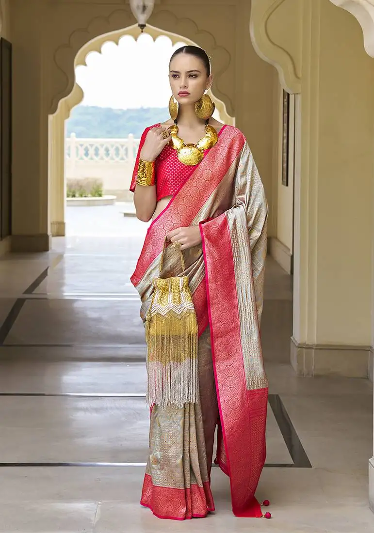 Banarasi silk blend weaving light grey saree