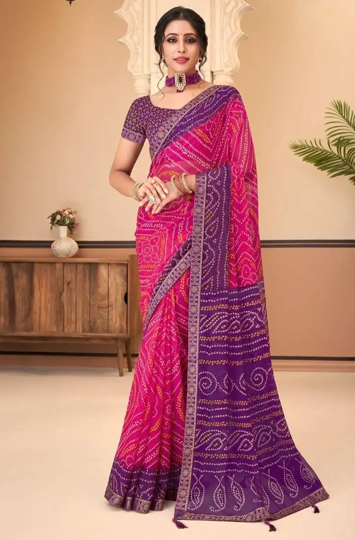 Pink purple bandhani chiffon traditional dual shaded saree with blouse