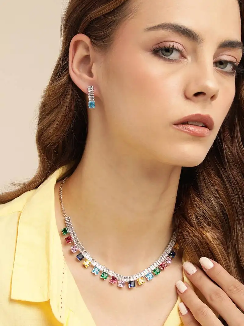 Rhodium plated multicolor color crystal ad gemstone-studded jewelry set