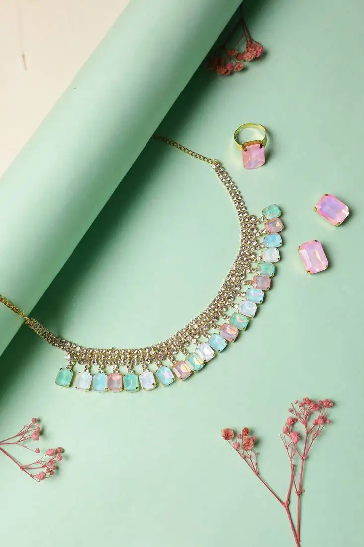 Rhodium plated light multi color crystal ad gemstone-studded jewelry set