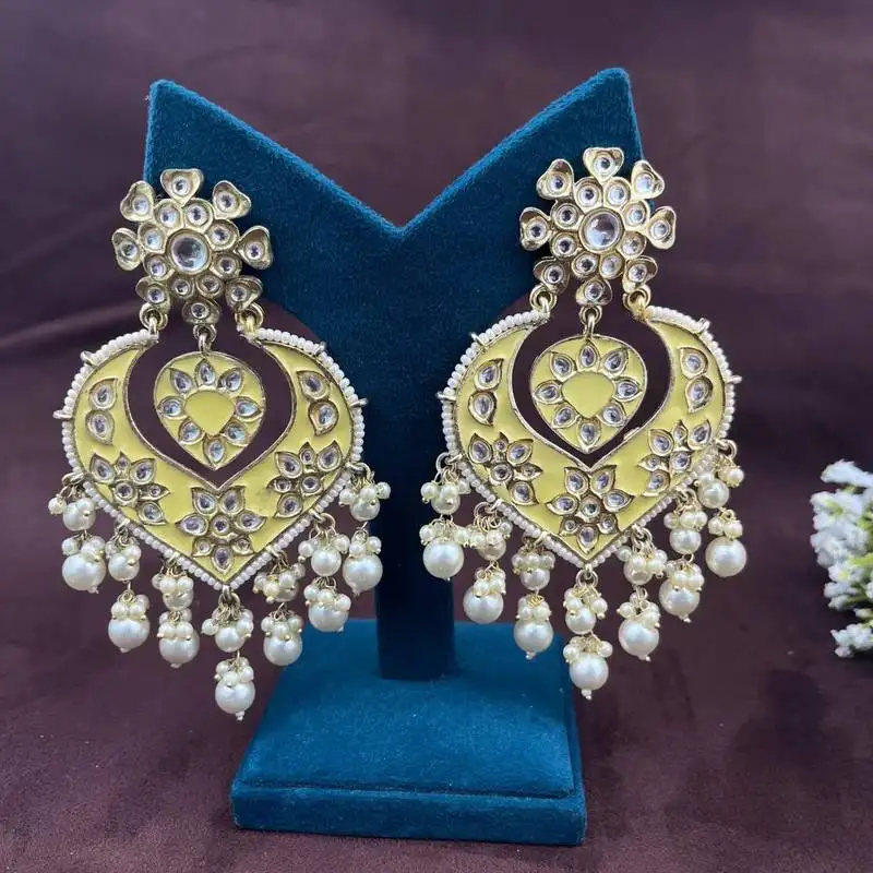 Yellow meenakari kundan earrings, indian jhumka pearl drop earrings, wedding earrings, bridal statement earrings