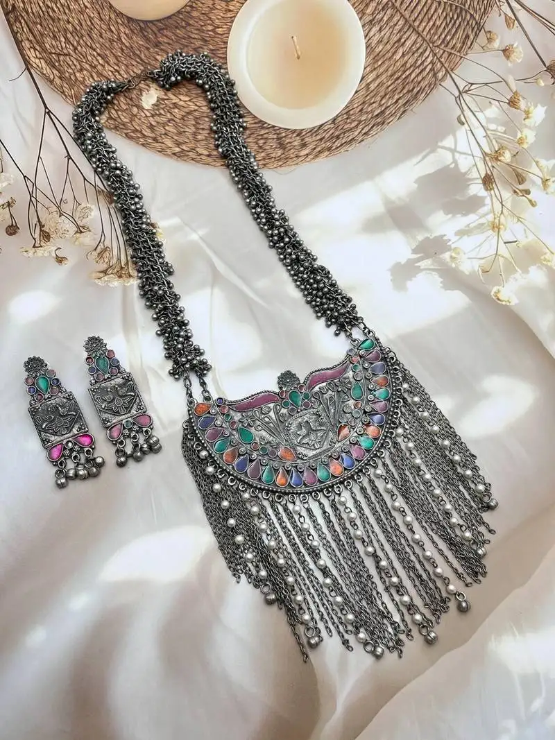 Afghani long necklace set oxidized silver plated multicolor stone studded ghungroo jewelry set