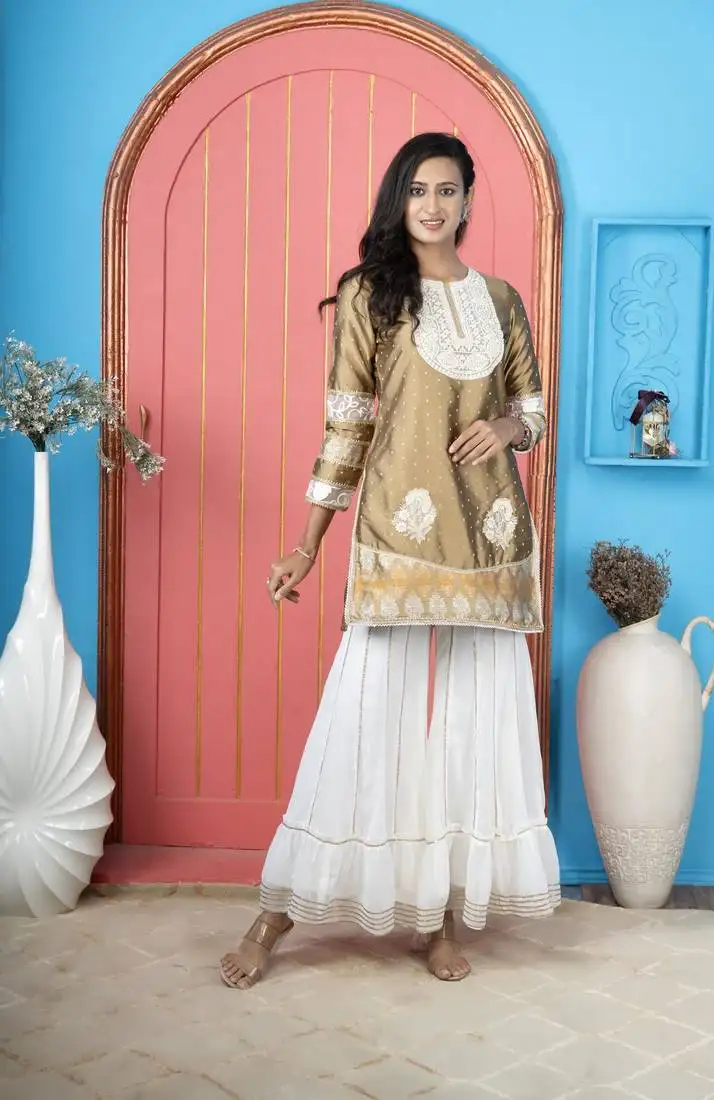 Antique-gold silk embroidered straight cut kurta & sharara set