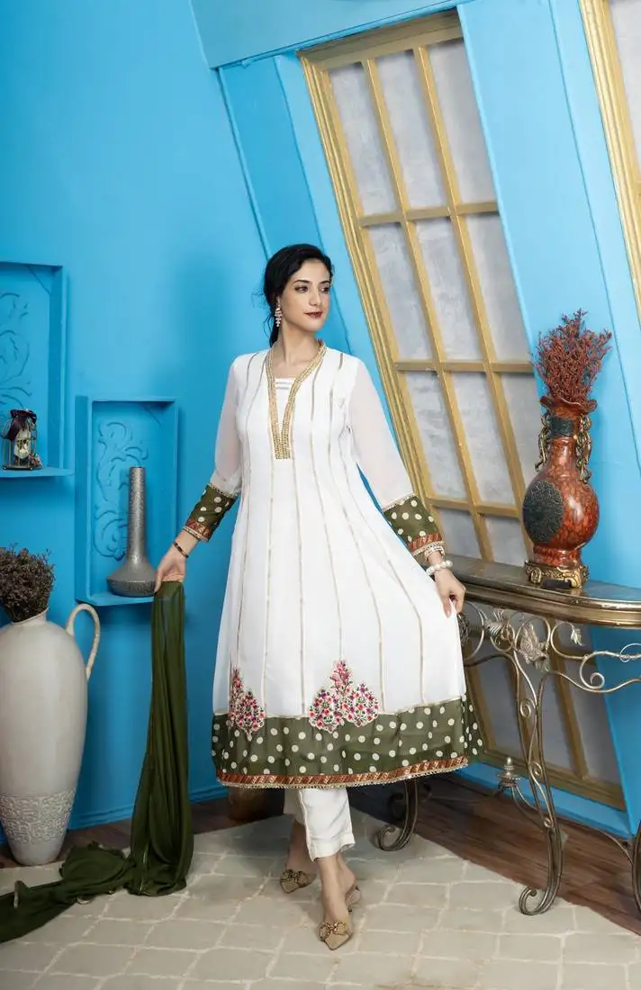 Off-white embroidered georgette stitched anarkali trouser kurta & dupatta